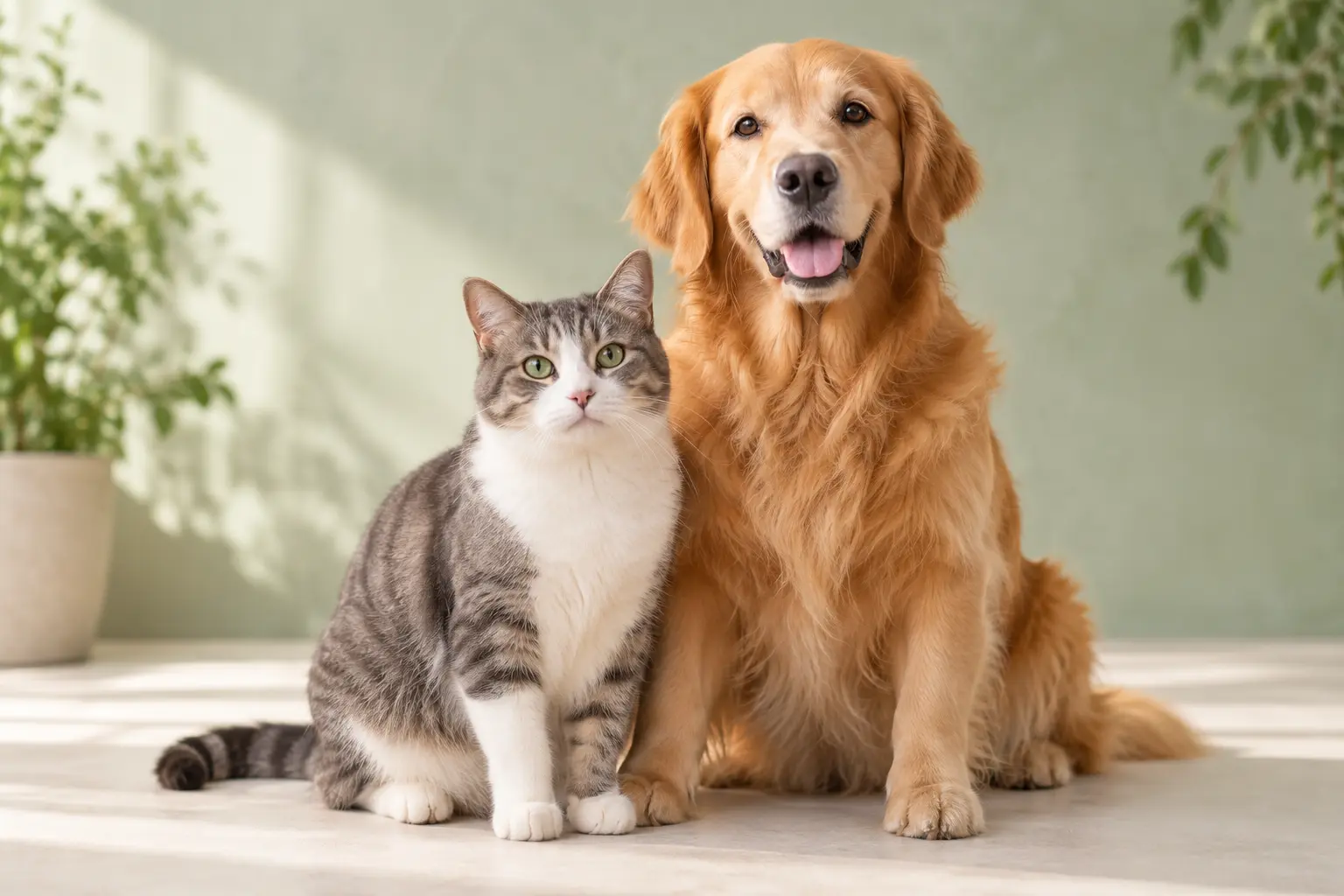 A golden retriever and a gray-and-white cat sitting happily together